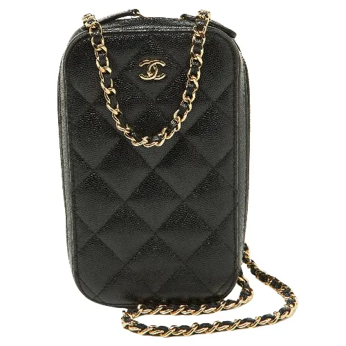 フォンケース チェーンショルダー マトラッセ キャビアスキン ブラック